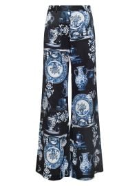 Women\'s Pilar Graphic Silk Wide-Leg Pants - Black Blue Large Porcelain - at Saks Fifth Avenue