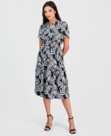 Women\'s Printed Smocked-Waist Short-Sleeve Midi Dress at Macys