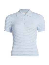 Women\'s Smocked Silk-Cotton Knit Polo Sweater - Light Chambray - at Saks Fifth Avenue