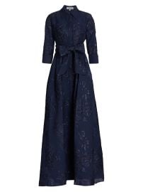 Women\'s Three-Quarter Sleeve Metallic Jacquard Shirt Waist Gown - Navy - at Saks Fifth Avenue