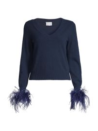 Women\'s V-Neck Feather-Cuff Sweater - Navy - at Saks Fifth Avenue