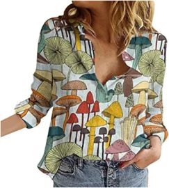 Women Casual Button T-Shirt Turndown Collar Mushroom Print Long Sleeve Blouse Long Sleeve Fashion Tops at  Womens Clothing store at Amazon