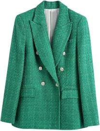 Women Double Breasted Tweed Green Blazer Vintage Long Sleeve Coat Chic Flap Pockets Outerwear at Amazon