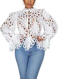 Women Flare Long Sleeve Button Down Shirt Sexy Hollow Out Tops Lace Crochet Blouses at  Womens Clothing store at Amazon