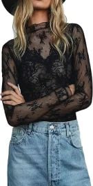 Women Long Sleeve Mesh Sheer Layering Top Mock Neck Lace Floral T-Shirt Y2k See Through Shirt Blouses at Amazon