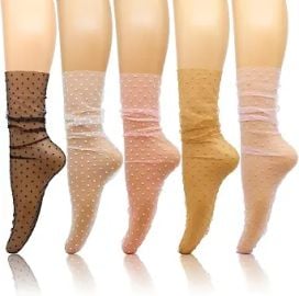 Women Sheer Lace Socks Little Polka Dot Decorated Tulle Fashion See Through Transparent Slouch Mesh Socks for Girls 5 Pairs 4.5-7.5 at Amazon