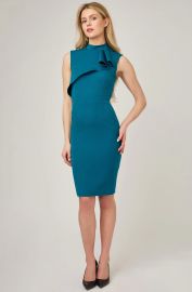 Women39s TEal Mock Neck Fitted Dress Front Ruffle No sleeve Double Linnin Knee Lenght Femmedecarriere at Femme de Carriere