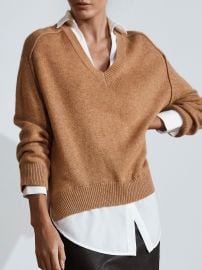 Women39s V-neck Layered Pullover Sweater in Camel with White at Brochu Walker