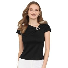 Womens Asymmetric Neck Tops Cap Sleeve Metal Buckle Irregular Neck Blouse at Kohls