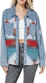 Womens Aztec Denim Jacket Lapel Button Down Print Coat Long Sleeve Vintage Denim Shacket Tops at Amazon