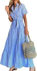 Womens Maxi Shirt Dress Casual Puffy Short Sleeve Tiered Striped Maxi Dress V Neck Button Down Belted Shirt Dress at Amazon