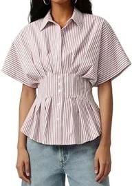 Womens Striped Peplum Button Down Shirts Short Sleeve Pleated Tops Summer Business Casual Blouses at Amazon