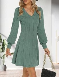 Womens V Neck Long Sleeve Sweater Dress Fall Knit Flowy Short Casual Dresses Green M at Womens Clothing store at Amazon