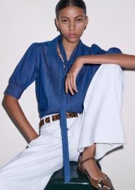 Womenx27s Blue Chambray Pintucked Short Sleeve Blouse Tie MEEM at Me + Em