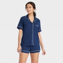 Womenx27s Cloud Knit Modal Short Sleeve Notch Collar Top and Shorts Pajama Set - Auden Navy Blue S Modal-Spandex Blend Elastic Waistband Target at Target
