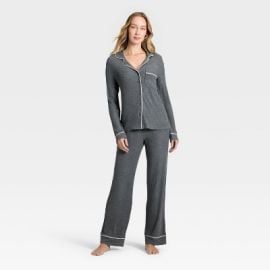 Womenx27s Cozy Ribbed Notch Collar Long Sleeve Shirt and Pants Pajama Set - Auden Dark Gray L Target at Target