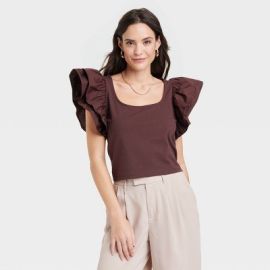 Womenx27s Double Flutter Short Sleeve Slim Fit Top - A New Day Brown Xs Target at Target