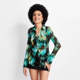 Womenx27s Floral Print Long Sleeve Collared Mesh Button-up Shirt - Future Collective With Gabriella Karefa-johnson Blackblue Target at Target