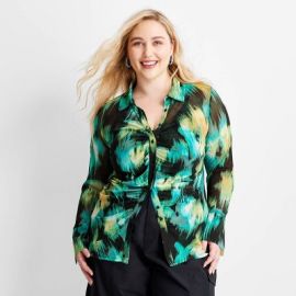 Womenx27s Floral Print Long Sleeve Collared Mesh Button-up Shirt - Future Collective With Gabriella Karefa-johnson Blackblue Xxl Target at Target