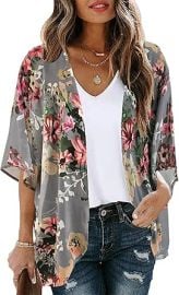 Womenx27s Floral Print Short Sleeve Shawl Chiffon Kimono Cardigan Casual Blouse TopsDark Grey M at Womens Clothing store at Amazon