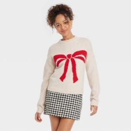 Womenx27s Holiday Crewneck Pullover Sweater - A New Day Oatmeal Bow M Target at Target