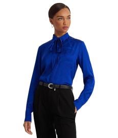 Womenx27s LAUREN Ralph Lauren Belting-Motif Jacquard Tie-Neck Shirt com at Zappos