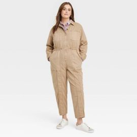 Womenx27s Long Sleeve Button-front Coveralls - Universal Thread Tan 30 Target at Target