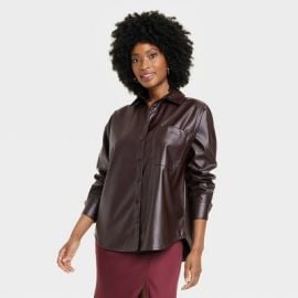 Womenx27s Long Sleeve Faux Leather Button-down Shirt - A New Day Brown Xl Target at Target