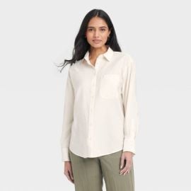 Womenx27s Oversized Long Sleeve Crinkle Button-Down Shirt - A New Day Cream M Rayon Nylon Blend Lightweight Poplin Target at Target