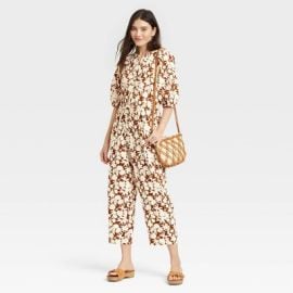 Womenx27s Puff 34 Sleeve Jumpsuit - Universal Thread Brown Floral Xxl Target at Target