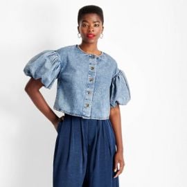 Womenx27s Puff Short Sleeve Denim Top - Future Collective Medium Wash Target at Target