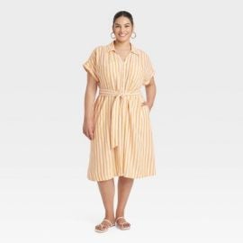 Womenx27s Short Sleeve Tie-front Midi Shirtdress - Ava amp Viv Yellow Striped 3x Target at Target