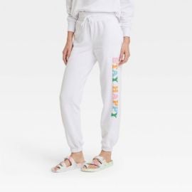 Womenx27s Stay Happy Graphic Jogger Pants - White  Target at Target