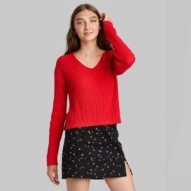 Womenx27s V-neck Ribbed Pullover Sweater - Wild Fable Red S  Target at Target