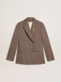 Womenx27s double-breasted blazer in beige chevron wool blend at Golden Goose