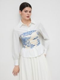 Woven 100 Cotton V-neck Toile de Jouy Ruched Long Sleeve Blouse For Coffee Shop Vacation at Cider