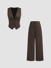 Woven V-neck Stripe Button Tank Top amp Mid Rise Pocket Straight Leg Trousers Set For Work at Cider