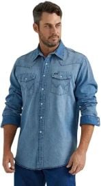 Wrangler Men's Vintage Inspired Long Sleeve Denim Shirt Denim L at Amazon