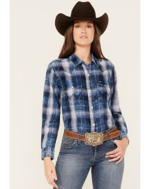 Wrangler Retro Womens Medium Wash Denim Plaid Print Long Sleeve Snap Western Shirt Boot Barn at Boot Barn