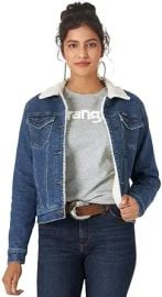 Wrangler Women's Sherpa-Lined Denim Trucker Jacket Blue XXX-Large at Amazon