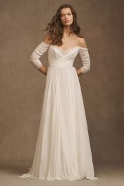 Wtoo By Watters Miles V Neck Ruched Sleeve Mesh Wedding Gown at Anthropologie