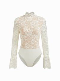Wuthering Romance Lace Floral Lace Stand Collar Ruffle Long Sleeve Bodysuit For Daily Casual at Cider