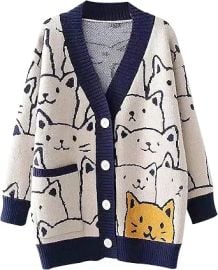 Wyeysyt Cat Sweater for Women Casual Button Down V Neck Cable Knit Cardigan Cute Kawaii Cartoon Cardigan Coat at Amazon