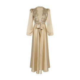 X Intima Gold Maxi Satin Robe Padded Shoulders And Gold Lace Trim at Wolf & Badger