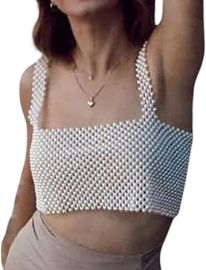 XBTCLXEBCO Sexy Pearl Cami Top for Women Sleeveless Hollow Out Beaded Camisoles Sling Crop Top Bra Vest Cover Up Party Clubwear White-Square Neck One Size at Womens Clothing store at Amazon