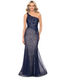 XSCAPE Womens Lace Mesh One-Shoulder Gown - Macys at Macys