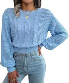 Xixiuly Women's Cable Knit Crewneck Long Sleeve Waist-Fitted Cropped Sweaters Tops Casual Crop Jumper Ladies Outfits Sweater at Amazon