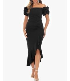 Xscape 3D Ruffle Off-the-Shoulder Ruffle Front Ruched Detail Midi Dress Dillardx27s at Dillards