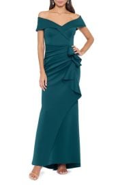 Xscape Evenings Ruffle Off the Shoulder Scuba Gown at Nordstrom