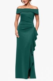 Xscape Evenings Ruffle Off the Shoulder Scuba Knit Gown at Nordstrom
